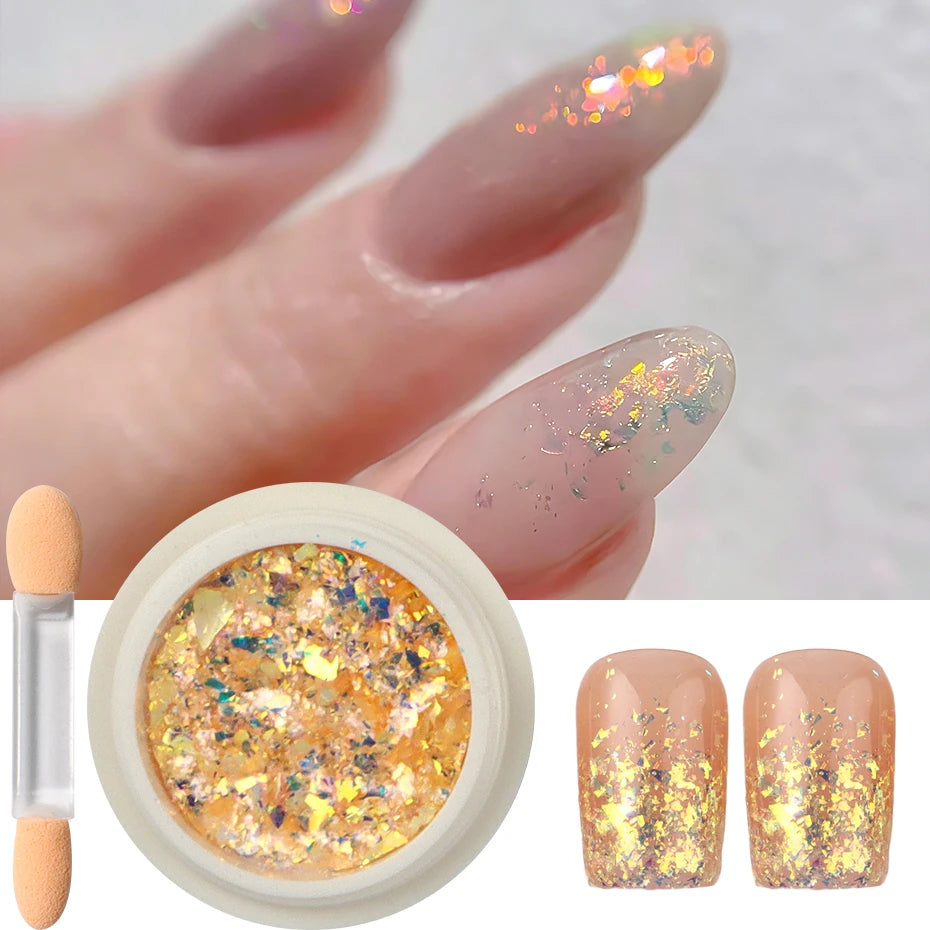 A set of iridescent opal and mermaid chrome nail glitter pigment powders shown alongside a hand with glitter polish.
