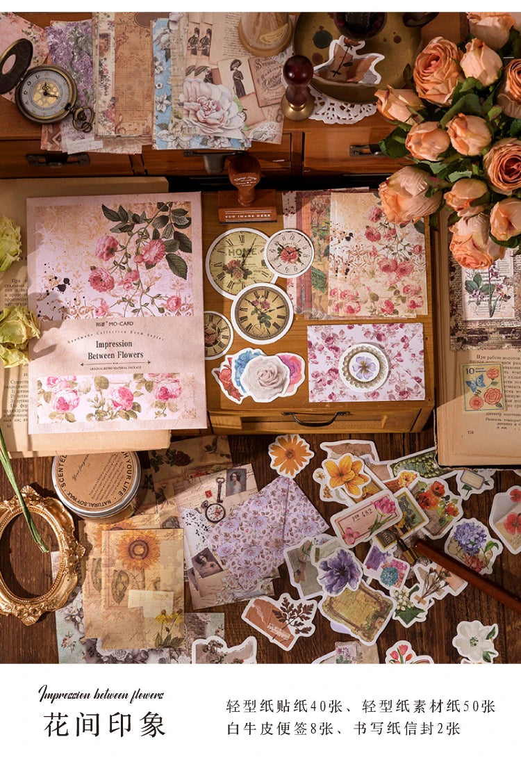 A collection of vintage stickers and paper samples for crafting, including floral designs and aged textures.