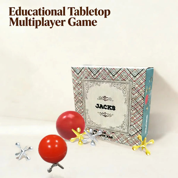 A box of a metal jacks game set with a bouncy red ball and yellow pieces.