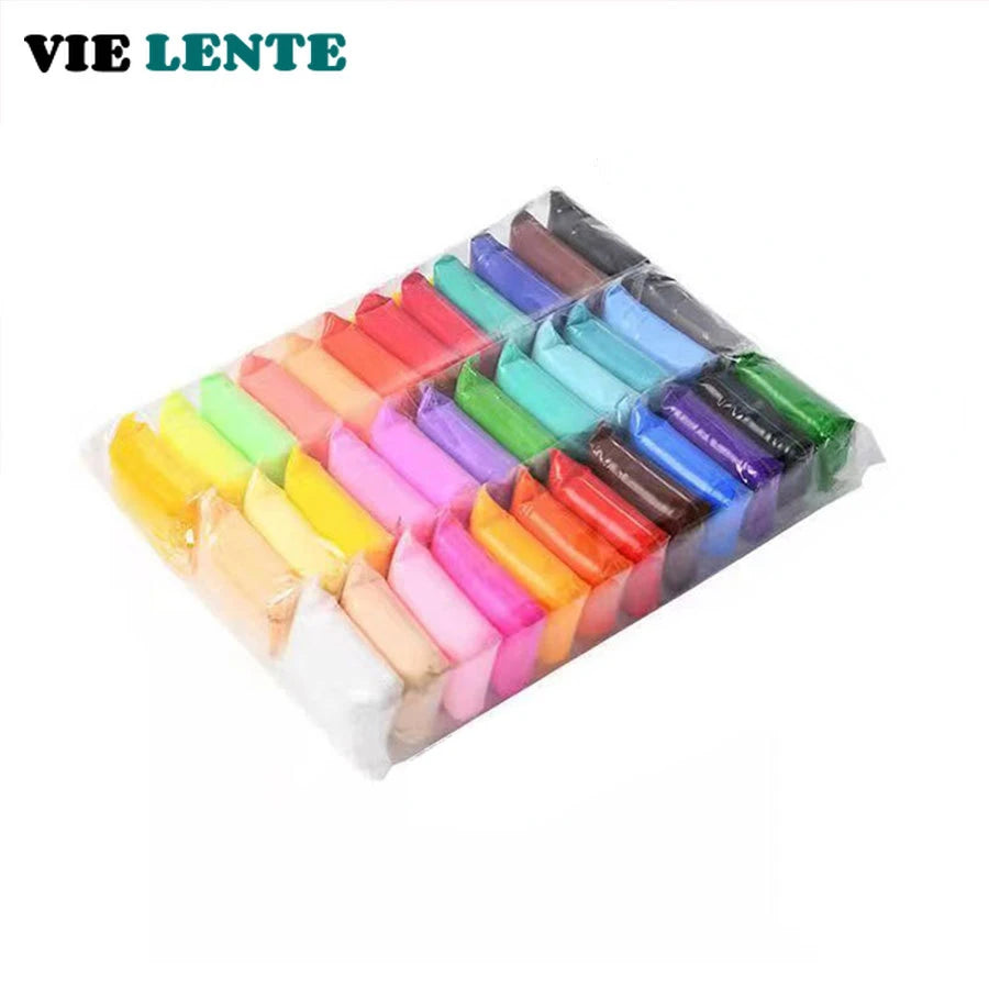 A collection of 36 colors of air-dry clay in small containers with carving tools.