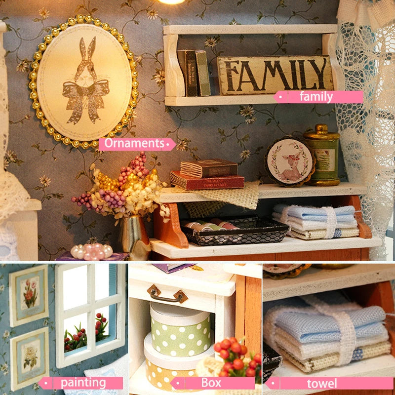 DIY Miniature Wooden Dollhouse Kit with LED Lighting