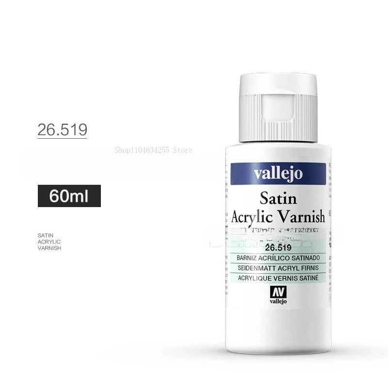 A white bottle of Vallejo Satin Acrylic Varnish with a white cap and label.