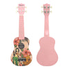 A pink ukulele with a Hawaiian floral design and a light pink body, featuring a fretboard labeled IRIN.