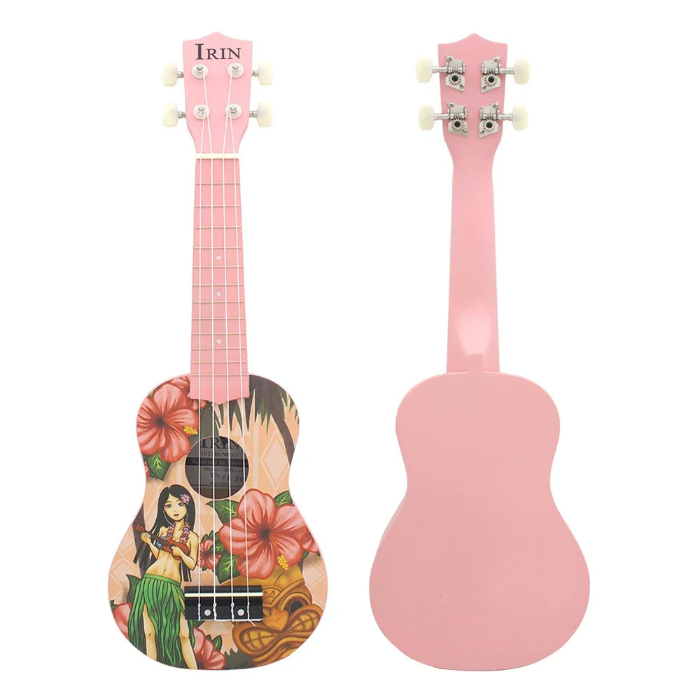 A pink ukulele with a Hawaiian floral design and a light pink body, featuring a fretboard labeled IRIN.