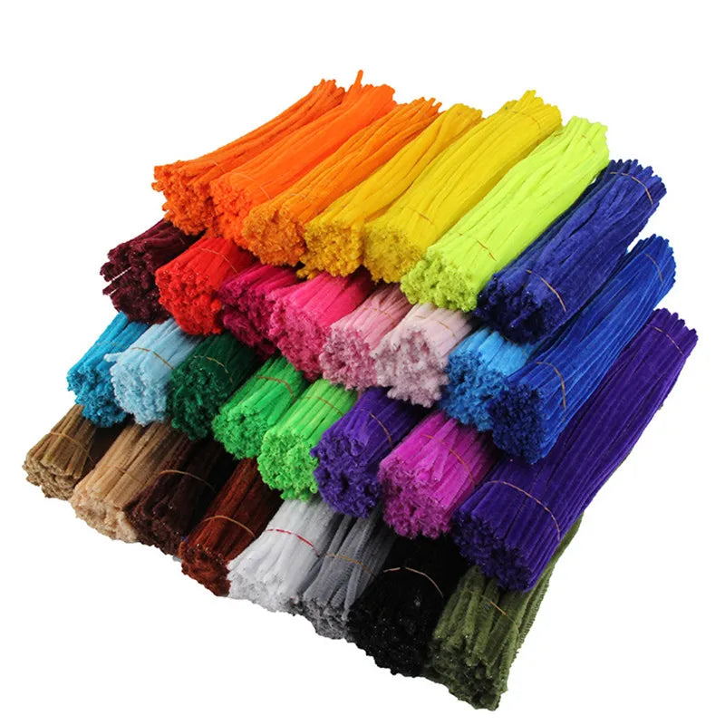 A vibrant set of 100 colorful chenille pipe cleaners in various shades of orange, yellow, green, pink, and purple.