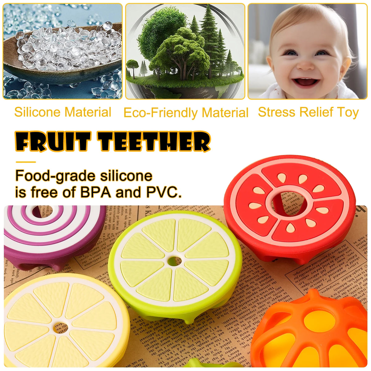 A set of silicone fruit and vegetable shaped baby teethers in red, yellow, and orange colors.