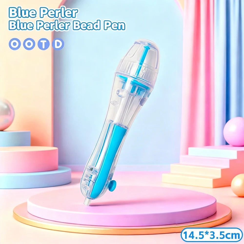 Blue Perler bead pen shown on a pink stand with colorful fabric in the background