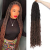 A woman with long brown faux locs is shown wearing a black top and patterned skirt.