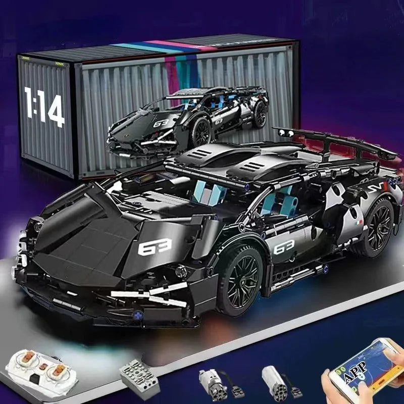 A black 1:14 scale RC sports car building kit is shown next to its packaging and various components.