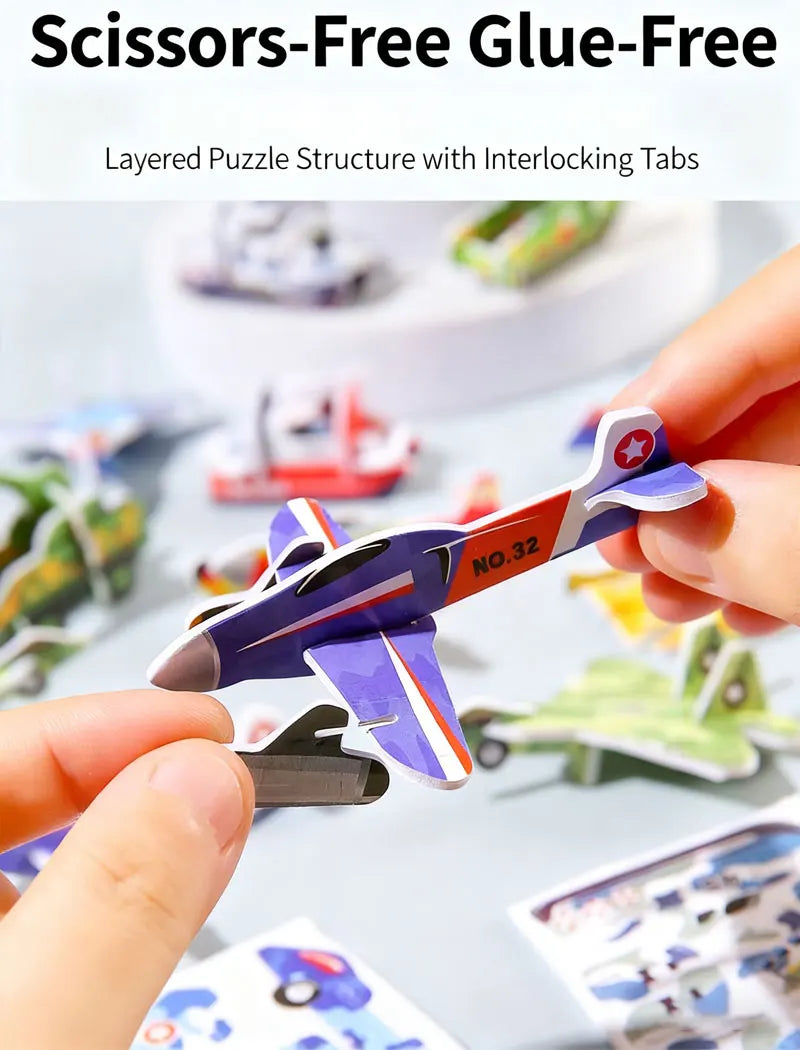 A hand holds a purple and white foam puzzle piece shaped like an airplane from a layered puzzle structure.