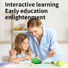 A woman is interacting with a child using an interactive talking flash card learning machine.