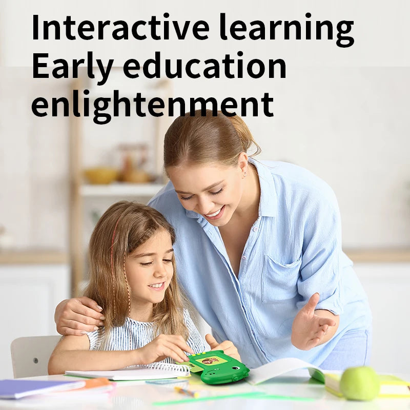 A woman is interacting with a child using an interactive talking flash card learning machine.