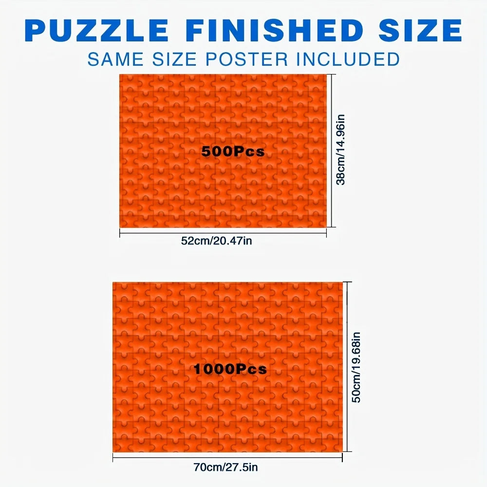 Two orange jigsaw puzzles, one 500 pieces and one 1000 pieces, are shown with their finished sizes.