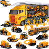 A yellow die-cast construction truck set featuring a transporter and various heavy equipment like excavators and dump trucks.