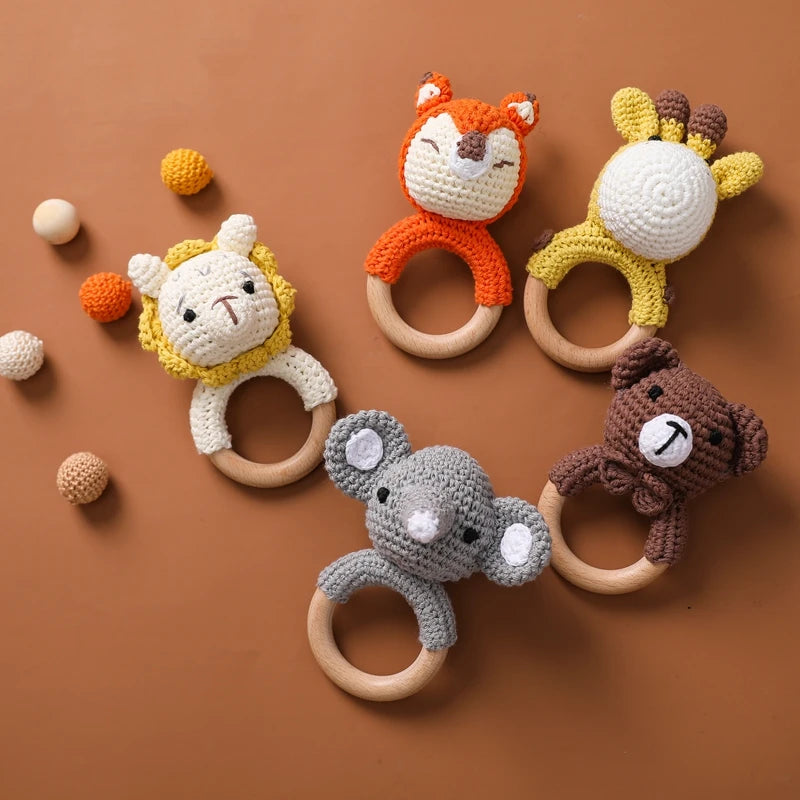 Handcrafted Wooden Crochet Animal Rattle for Babies