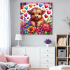 A vibrant diamond painting featuring a golden-brown teddy bear surrounded by colorful flowers and leaves.