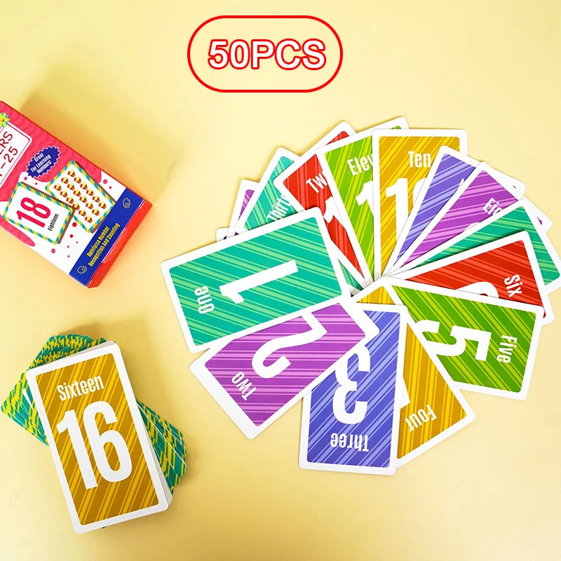 A set of 50 colorful Montessori educational flash cards showing numbers and corresponding words.