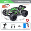 A green and black Conqueror 1/10 scale RC monster truck with large tires and LED lights, shown next to its remote control and