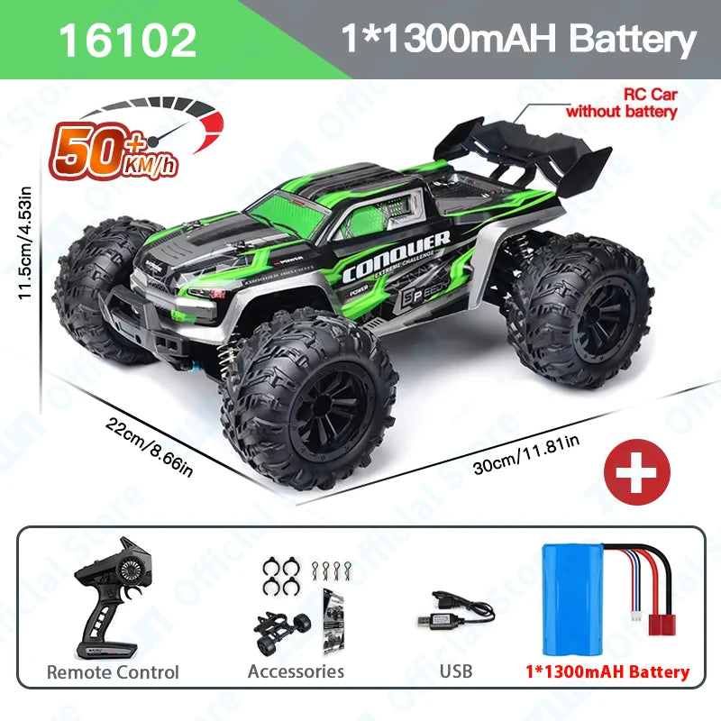 A green and black Conqueror 1/10 scale RC monster truck with large tires and LED lights, shown next to its remote control and