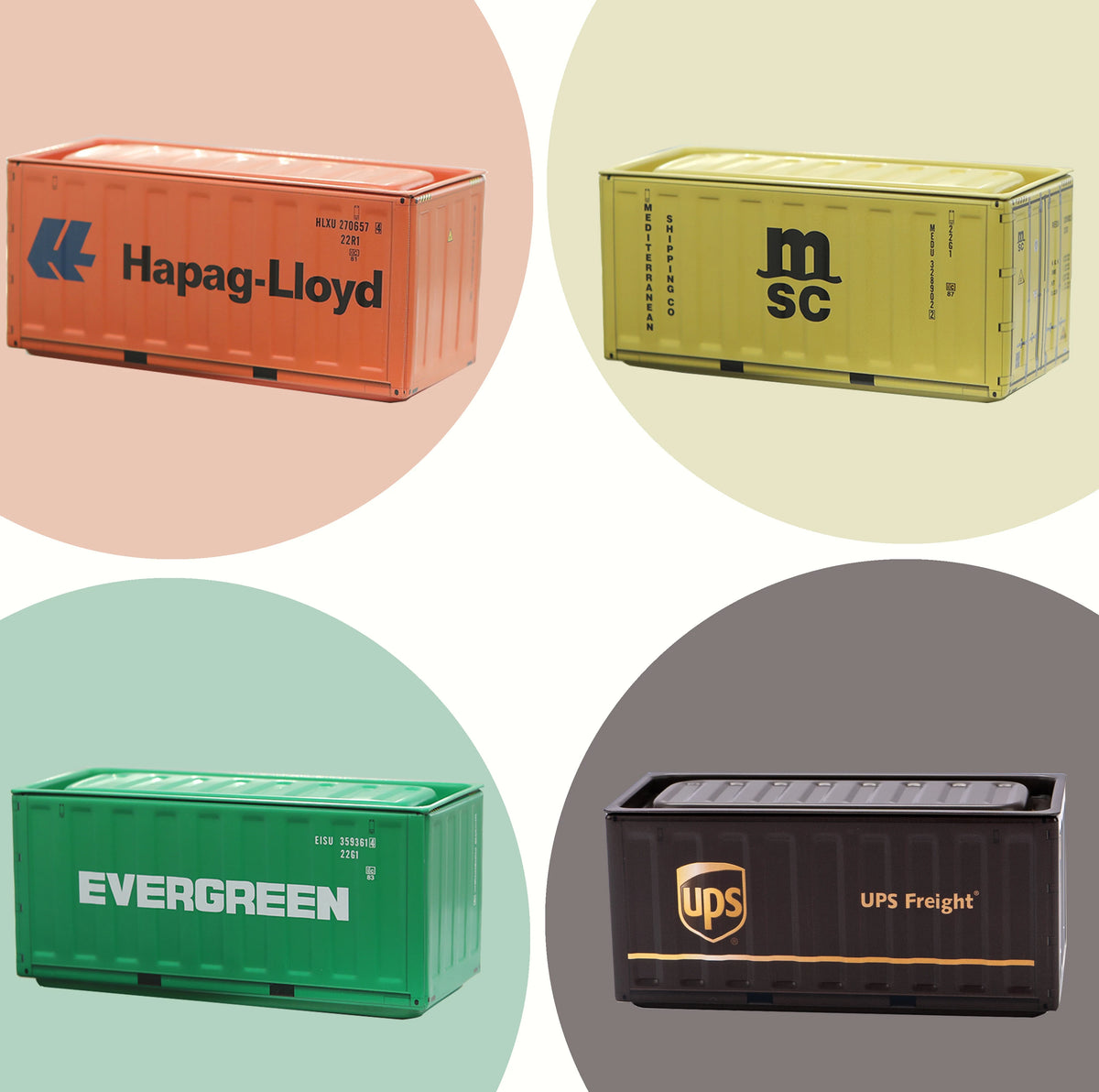 Three industrial storage boxes: an orange Hapag-Lloyd box, a yellow MSC box, and a green Evergreen box, alongside a black UPS