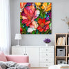 A vibrant 5D diamond painting featuring colorful sunflower and floral art displayed on a wall.