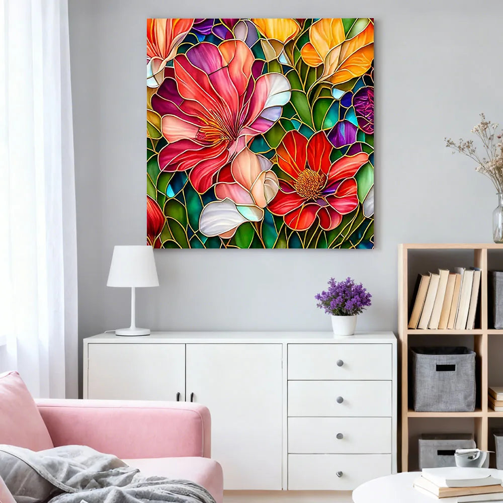 A vibrant 5D diamond painting featuring colorful sunflower and floral art displayed on a wall.