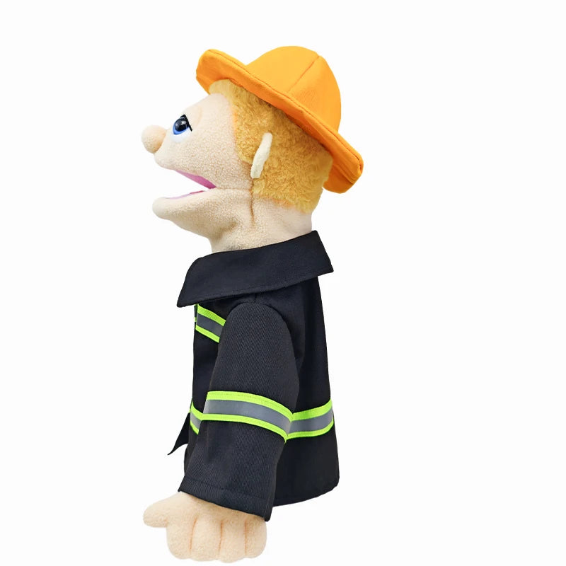A plush hand puppet resembling a character with blonde hair, an orange hat, and a black uniform with neon green stripes.
