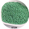A pile of small, round, green glass seed beads labeled KF29#.