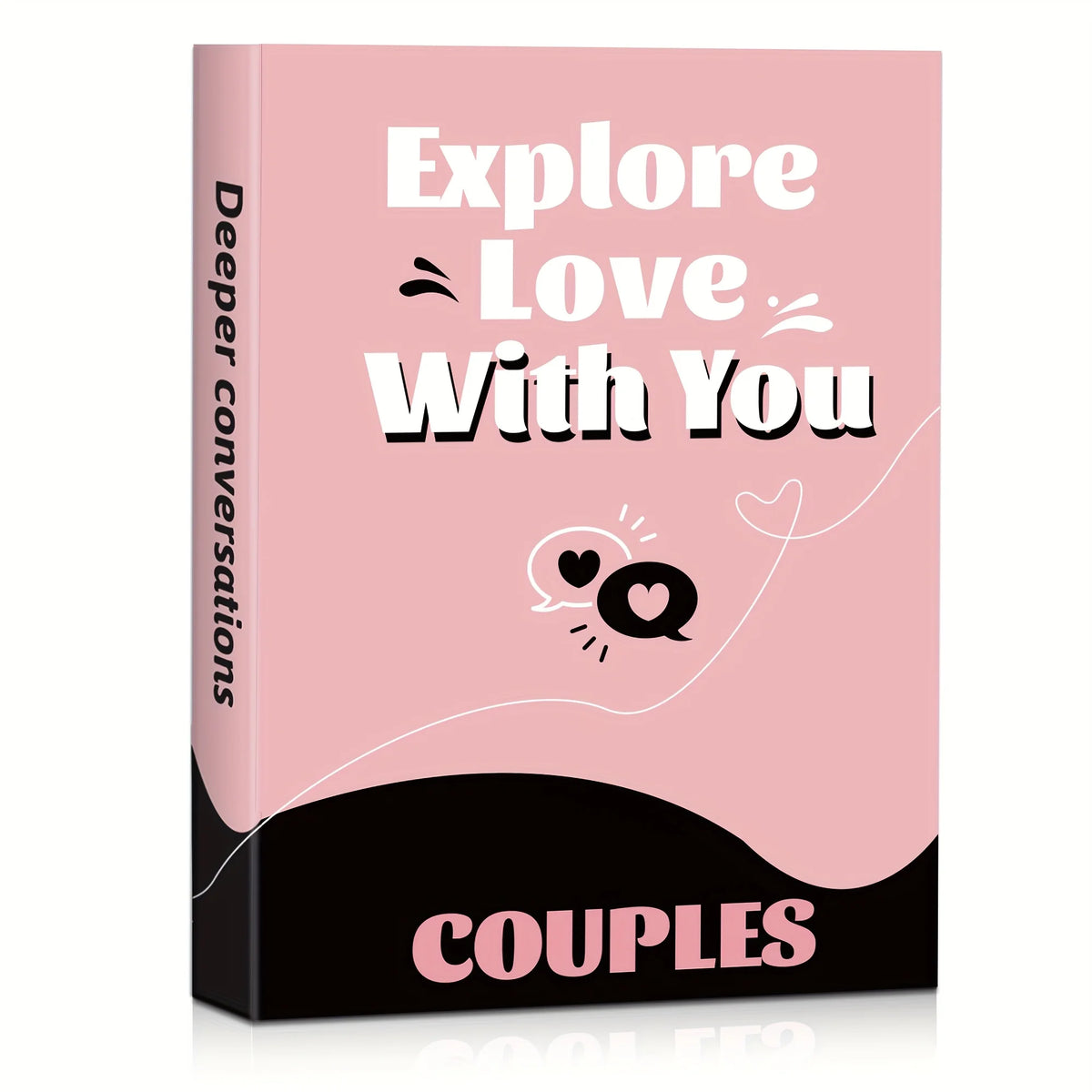 A pink and black box for a couples conversation card game titled Explore Love With You for date night or anniversaries.