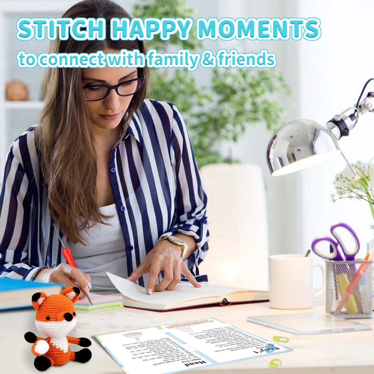 A woman is writing in a notebook while a beginner crochet kit with a little fox design is visible on the table.