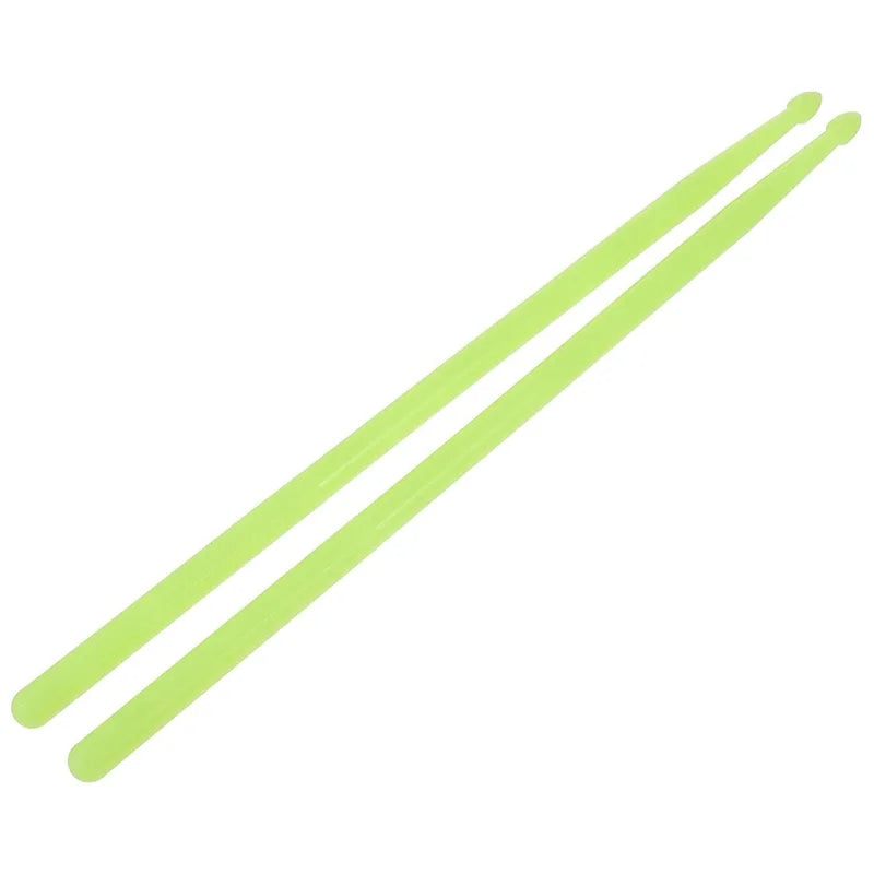 A pair of neon green glow-in-the-dark nylon drumsticks shown diagonally.