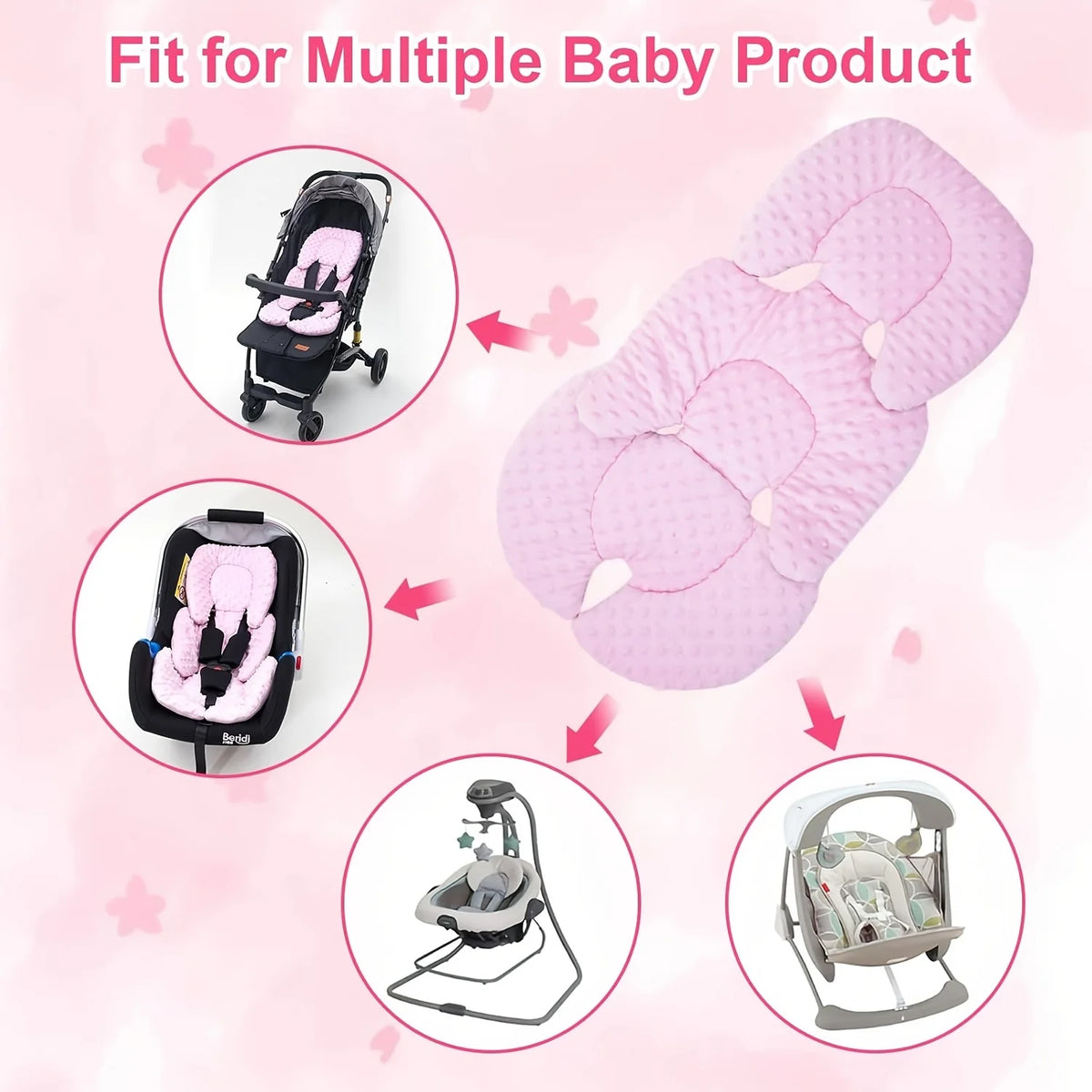 Various plush double-sided stroller seat cushions and accessories for multiple baby products.