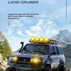 A blue Toyota Land Cruiser model is shown driving off-road in a rugged, natural environment.