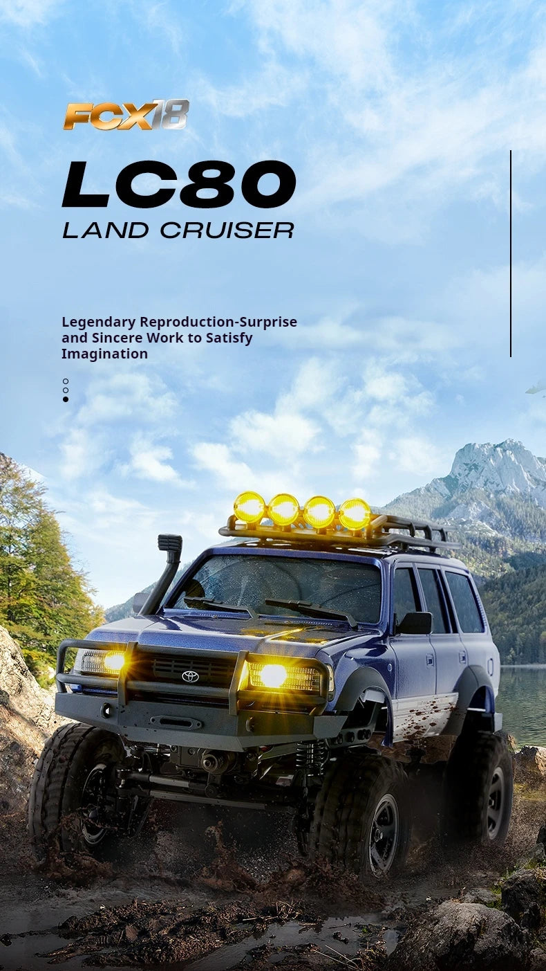A blue Toyota Land Cruiser model is shown driving off-road in a rugged, natural environment.