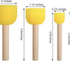 A set of three round sponge brushes with yellow heads and wooden handles, shown with dimensions.