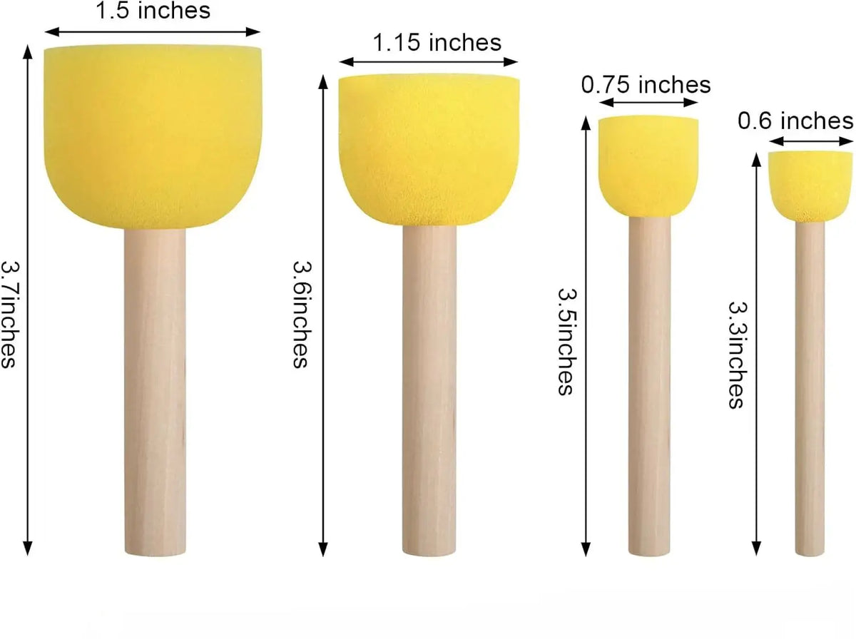 A set of three round sponge brushes with yellow heads and wooden handles, shown with dimensions.