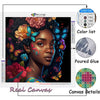 A diamond painting kit featuring a portrait of an African woman with vibrant colors and floral elements on a canvas.