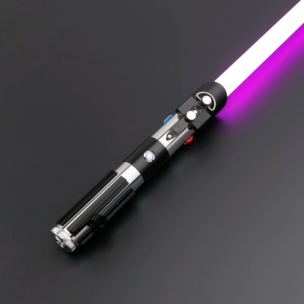 A Darth Vader Neopixel lightsaber with a purple blade and soundboard component shown diagonally against a dark background.