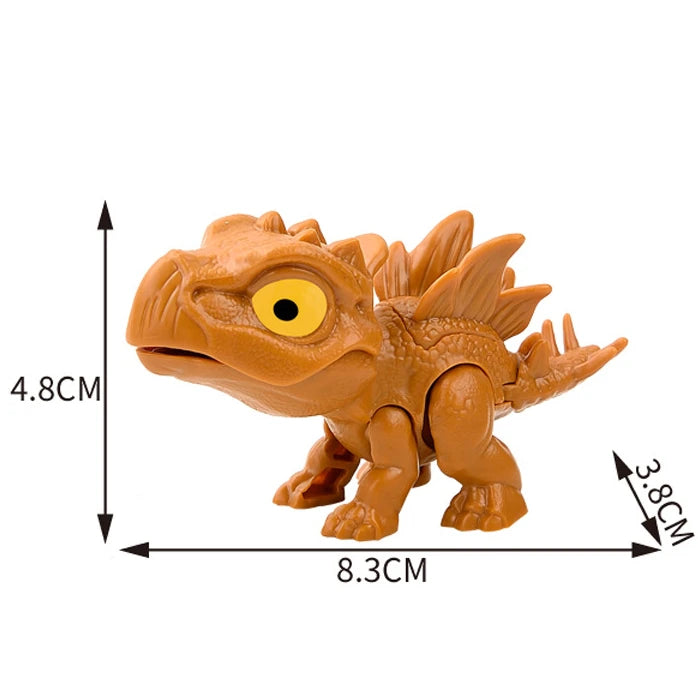 An orange finger dinosaur fidget toy with movable joints, showing its size and features.