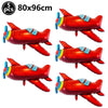 Five red foil balloon planes with blue accents for birthday party decor