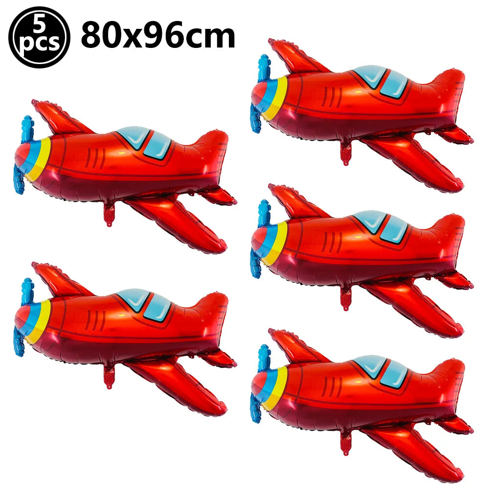 Five red foil balloon planes with blue accents for birthday party decor