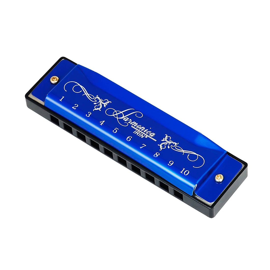 A blue harmonica with ten holes is shown, featuring an ornate silver design.