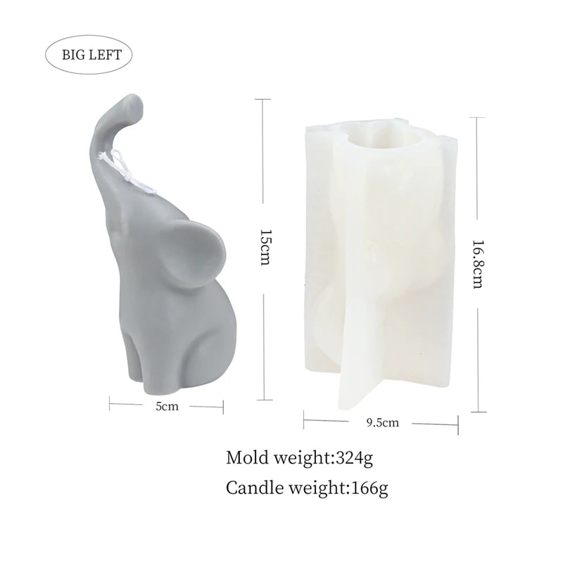 A gray silicone mold shaped like an elephant used for making candles, soap, and resin crafts.