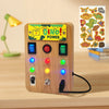 A wooden LED light-up busy board featuring dinosaur graphics and various colored buttons for toddlers.
