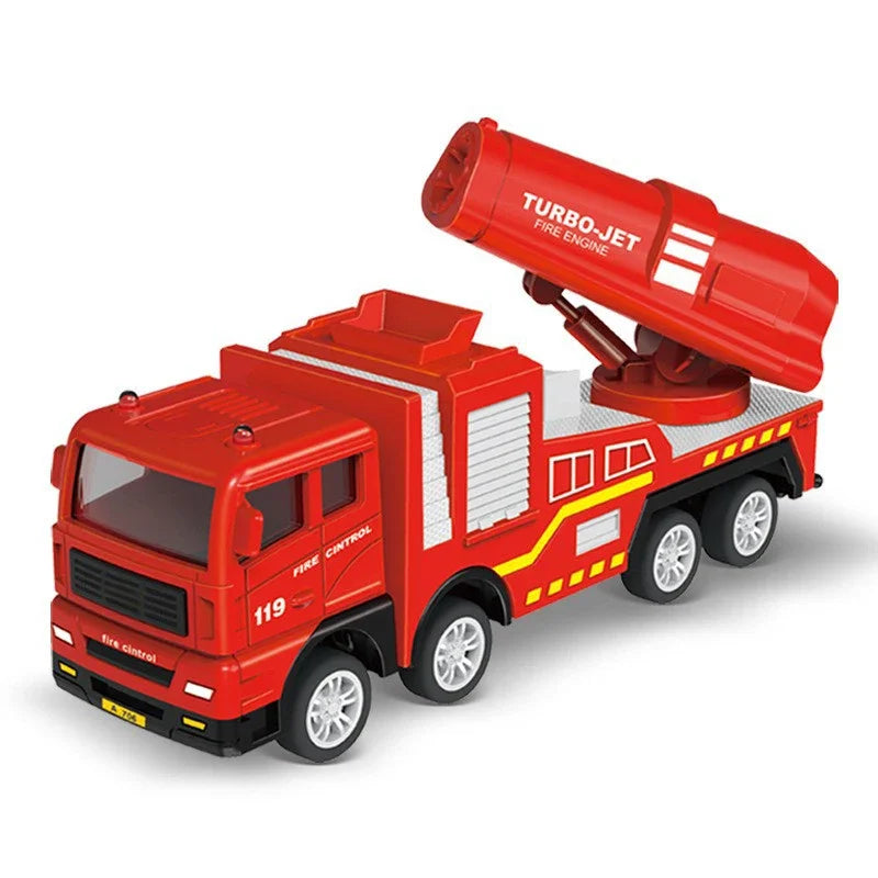 A red pull-back fire truck toy with a turbo-jet fire engine and movable ladder for kids.