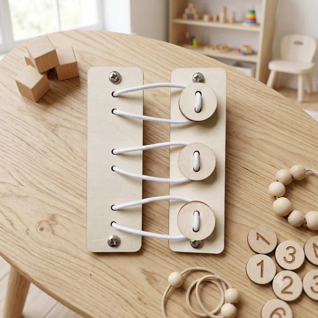 A wooden Montessori busy board for toddlers featuring gears, switches, and LED lights on a light wood table.