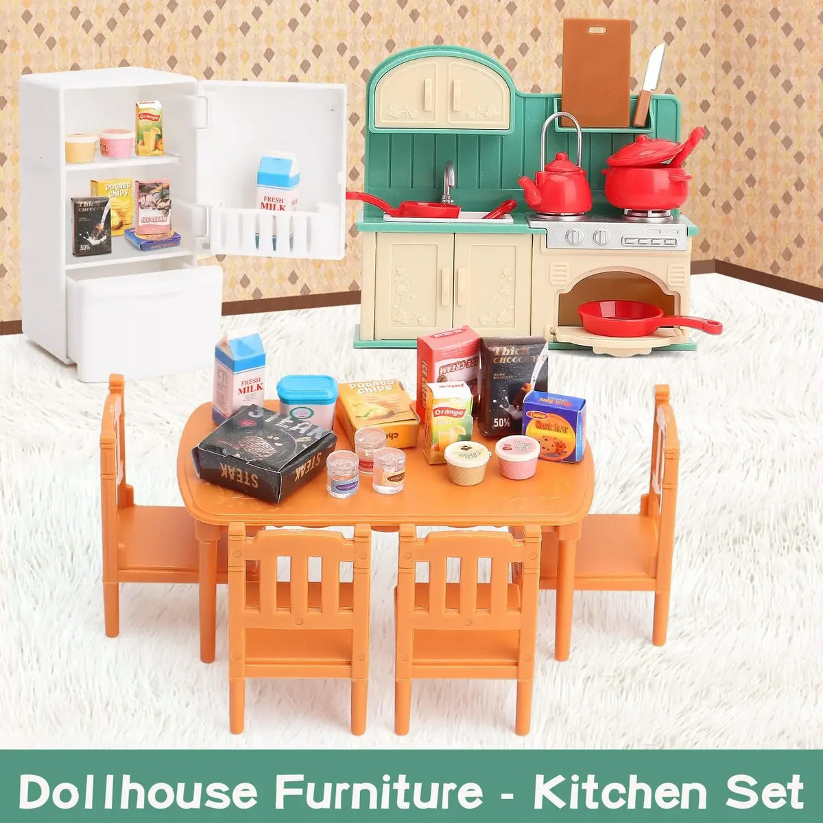 A dollhouse kitchen set featuring wooden furniture, appliances, and food items for play.