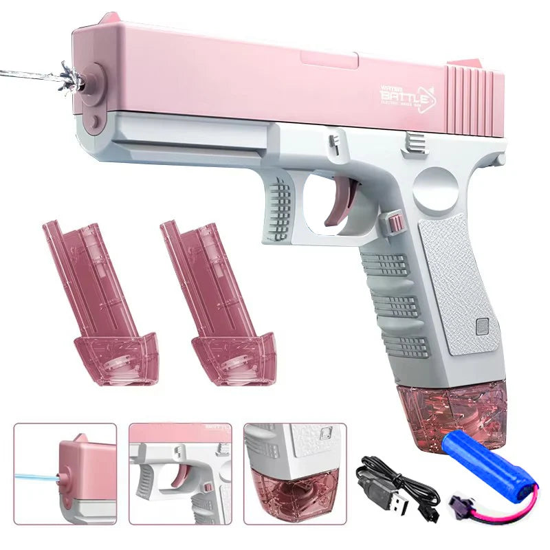 A pink electric water blaster gun for kids with accessories and a charging cable.