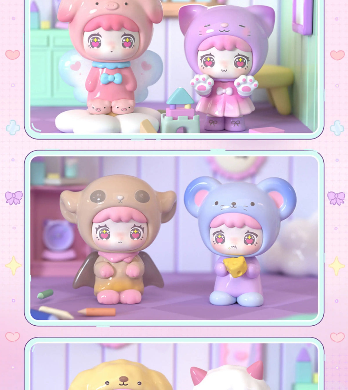 A collection of QUBII Autumn Animal figures including a pink rabbit, purple cat, and a brown elephant.