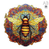 A colorful wooden puzzle featuring a bee, flower, and cat in a circular design.
